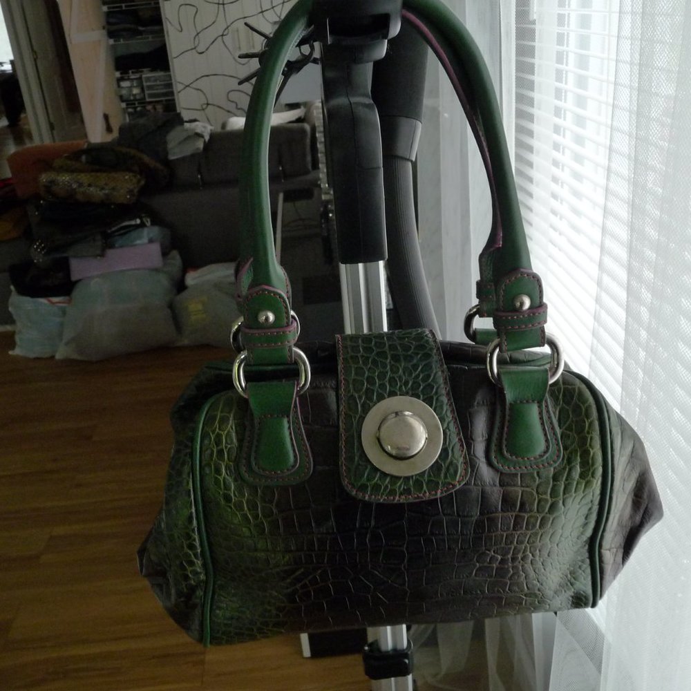 Green Croc-Texture Satchel with Silver Accent